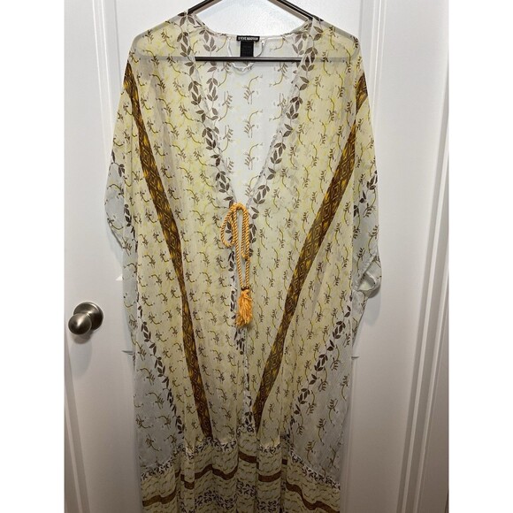 Women’s Sheer Kimono Steve Madden Boho Peasant Yellow Brown Tie One Size Floral - Picture 2 of 7